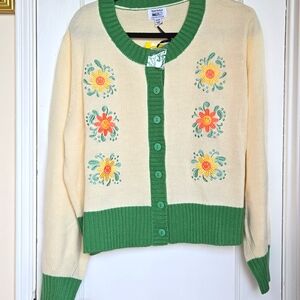 Green and Cream Floral Cardigan Sweater
